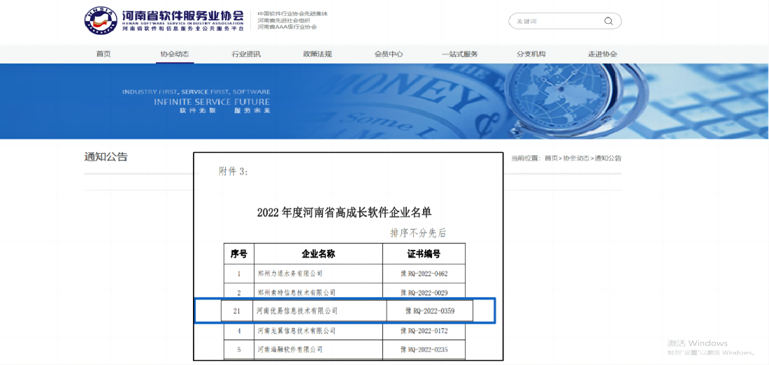 优易信息荣获2022年度河南省高成长软件企业